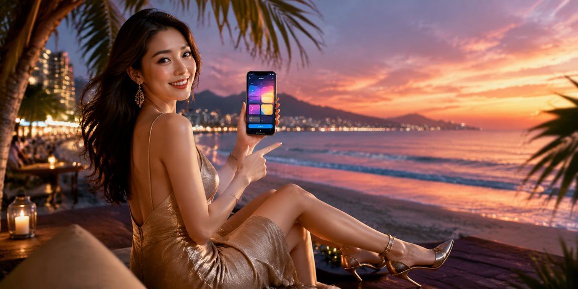 Người dùng tại bãi biển Đà Nẵng kiểm tra cashback và bonus trên điện thoại dưới nắng